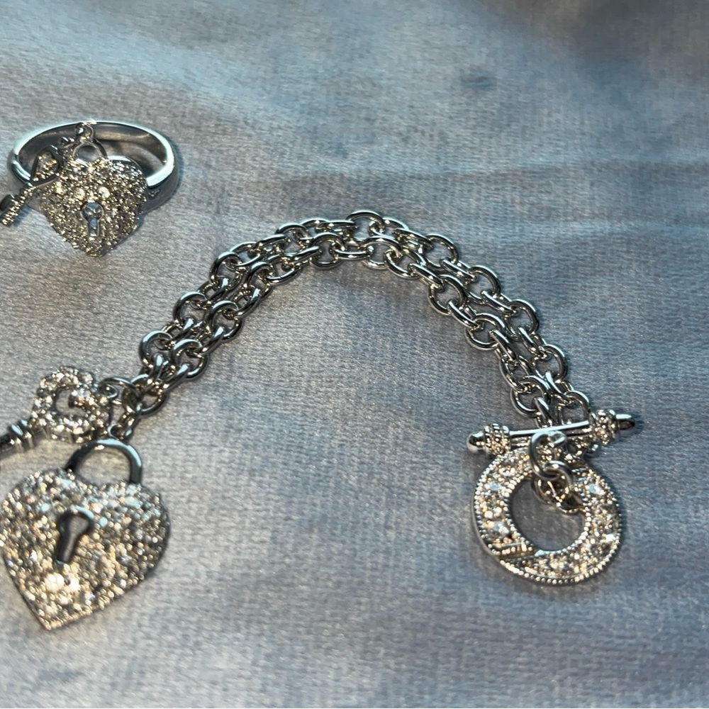 Silver-Tone Heart Lock Charm Bracelet and Ring Set